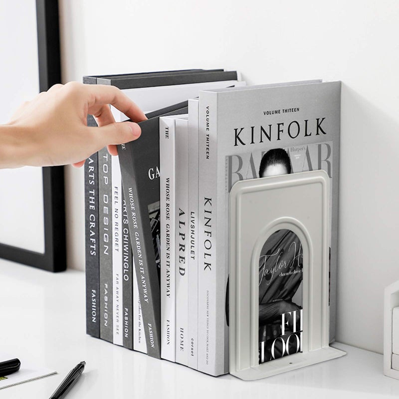 HappyHapi Book Ends, Non-Skid Metal Bookend Supports for Shelves, Heavy Duty Book End, Office Book Stopper, 6 x 5 x 6 Inches, 14 Pieces / 7 Pairs (White) - Image 2